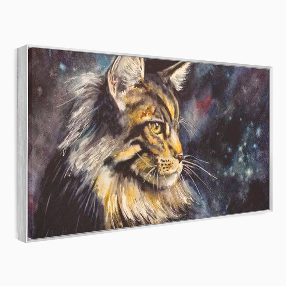Tablou canvas cu tablou canvas cu pisica in galaxie, in rama de aluminiu argintiu