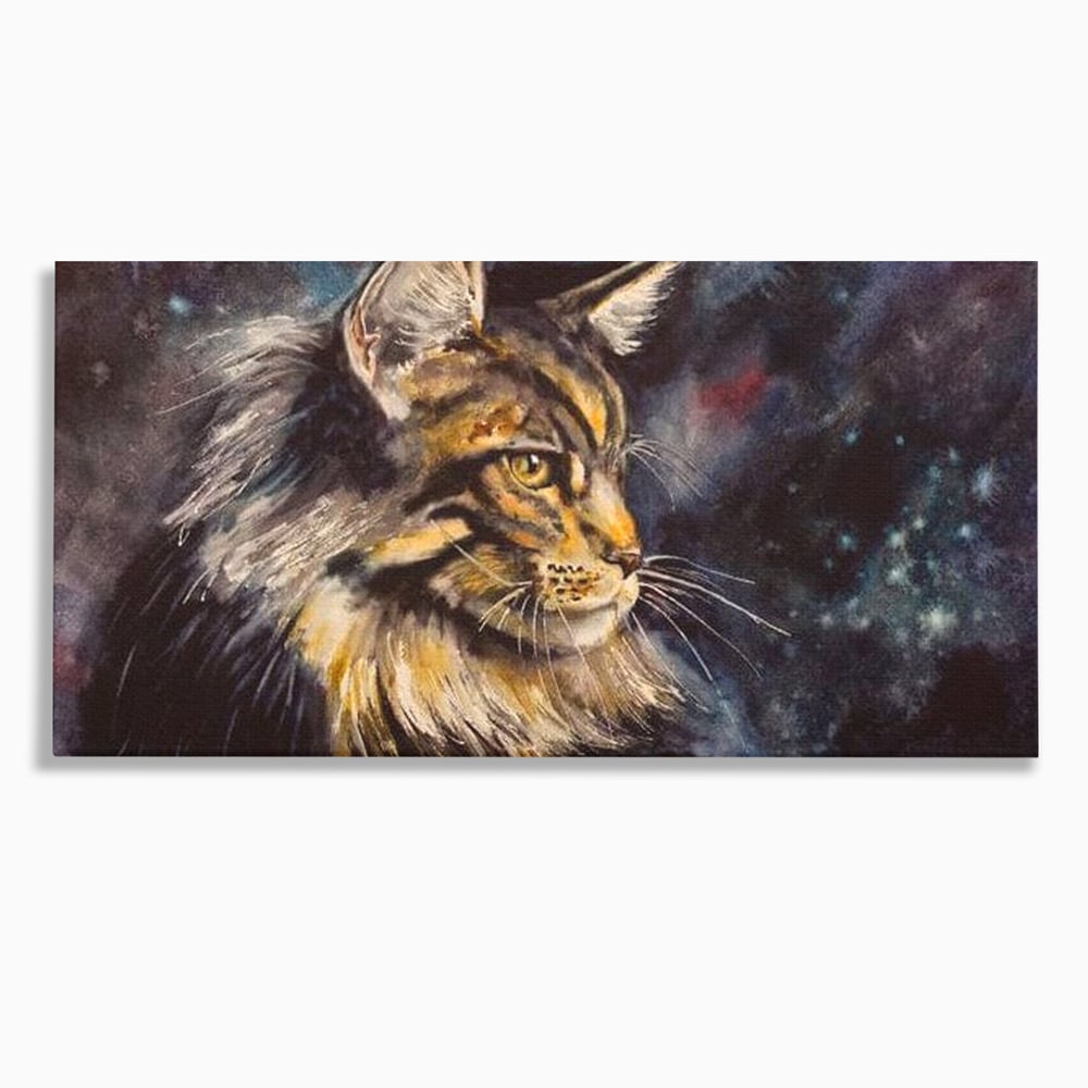 Tablou canvas cu tablou canvas cu pisica in galaxie, fara rama, pe sasiu de lemn