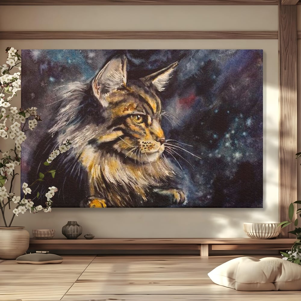 Tablou canvas cu tablou canvas cu pisica in galaxie, fara rama, pe sasiu de lemn
