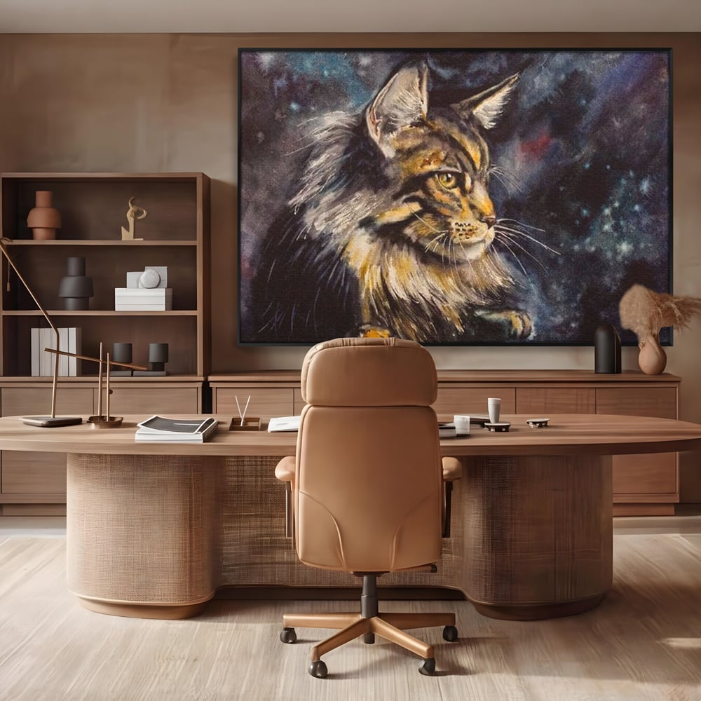 Tablou canvas cu tablou canvas cu pisica in galaxie, in rama de aluminiu negru, pe perete intr-un birou