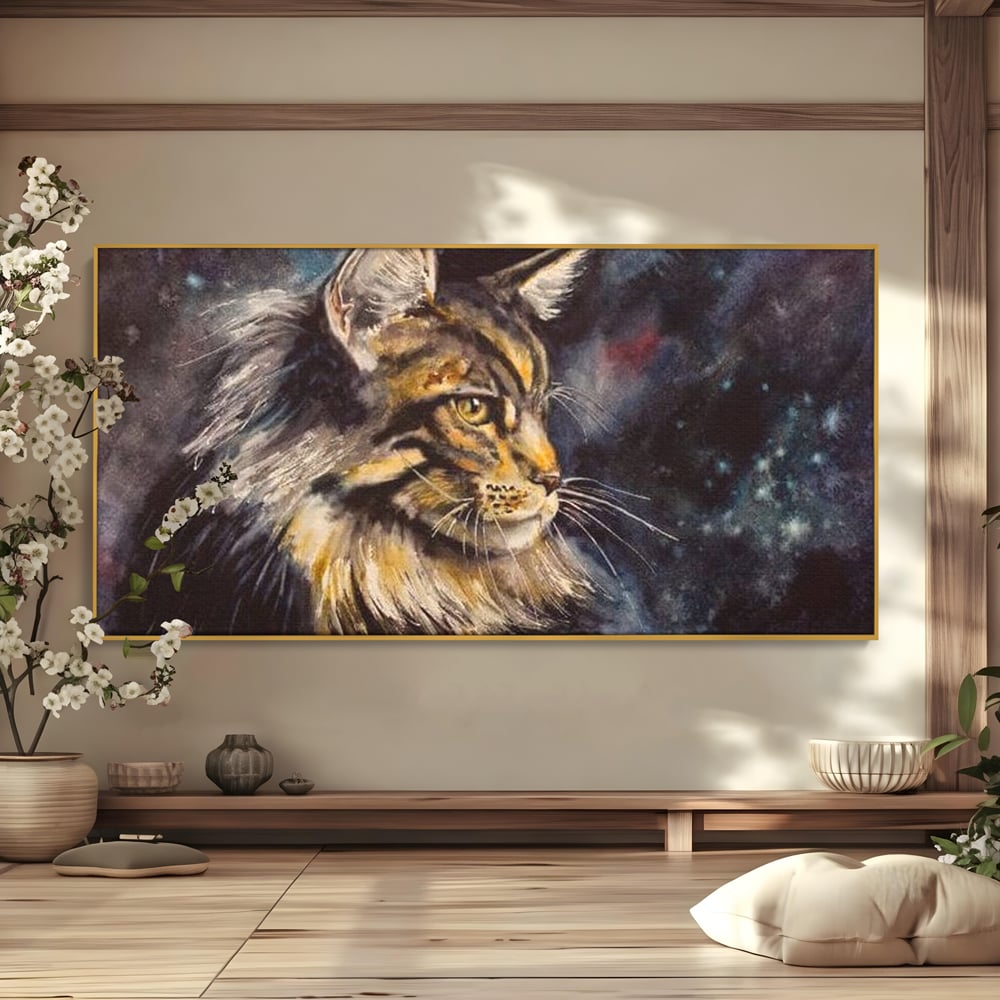 Tablou canvas cu tablou canvas cu pisica in galaxie, in rama de aluminiu auriu