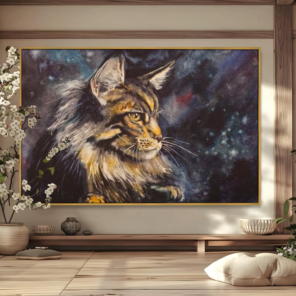 Tablou canvas cu tablou canvas cu pisica in galaxie, in rama de aluminiu auriu