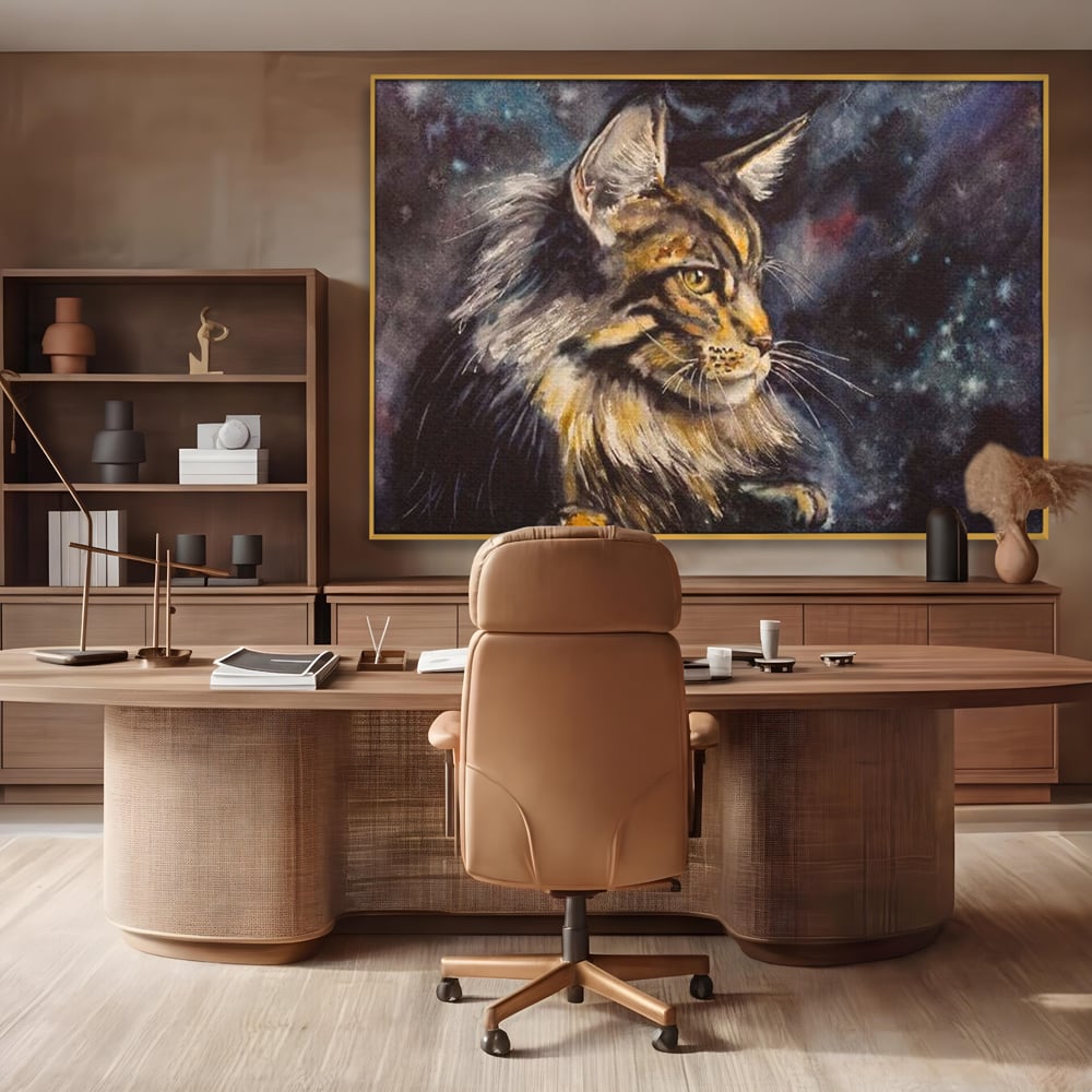 Tablou canvas cu tablou canvas cu pisica in galaxie, in rama de aluminiu auriu, pe perete intr-un birou