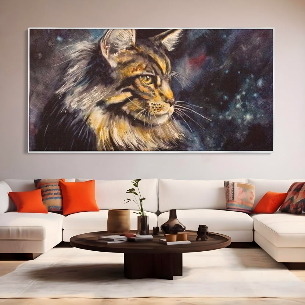 Tablou canvas cu tablou canvas cu pisica in galaxie, in rama de aluminiu argintiu, pe perete intr-un living