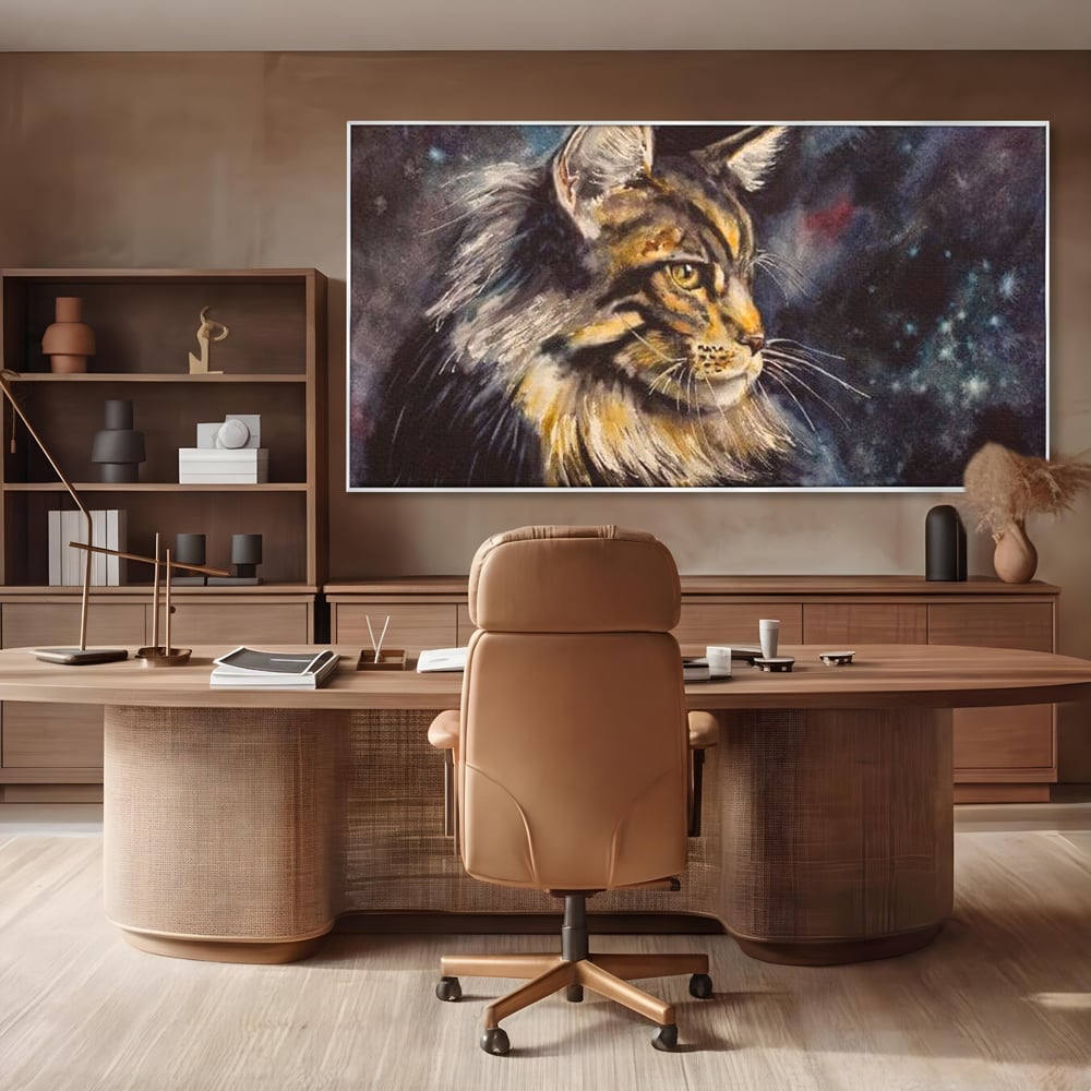 Tablou canvas cu tablou canvas cu pisica in galaxie, in rama de aluminiu argintiu, pe perete intr-un birou