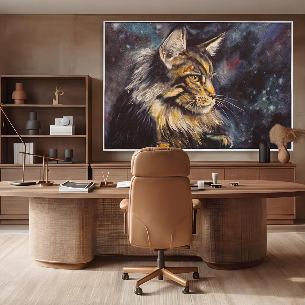 Tablou canvas cu tablou canvas cu pisica in galaxie, in rama de aluminiu argintiu, pe perete intr-un birou