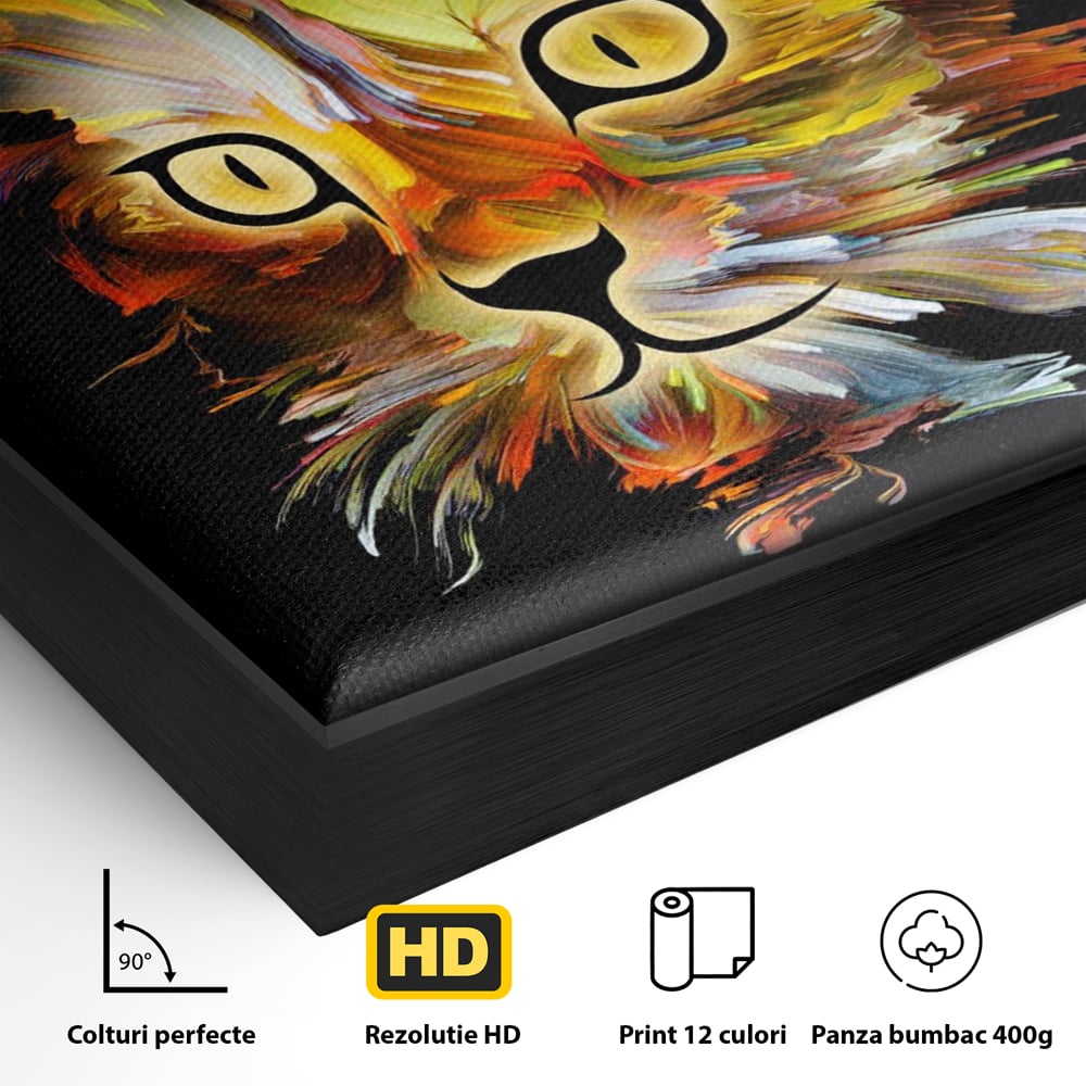Detaliu al suprafetei: tablou canvas cu pisica abstracta, in rama de aluminiu negru