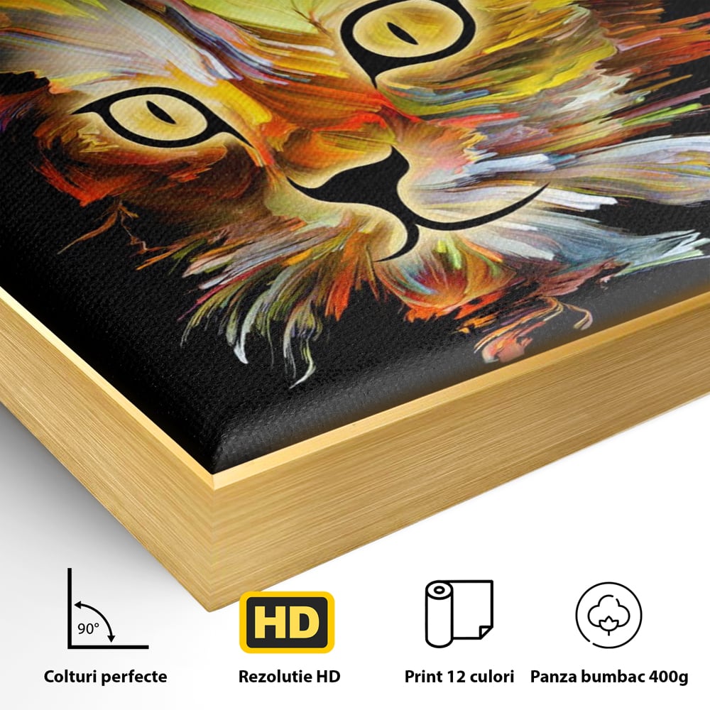 Detaliu al suprafetei: tablou canvas cu pisica abstracta, in rama de aluminiu auriu