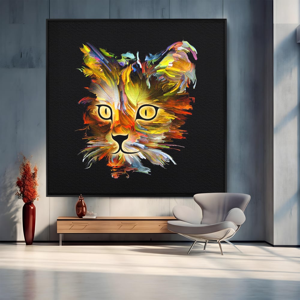 Tablou canvas cu tablou canvas cu pisica abstracta, in rama de aluminiu negru