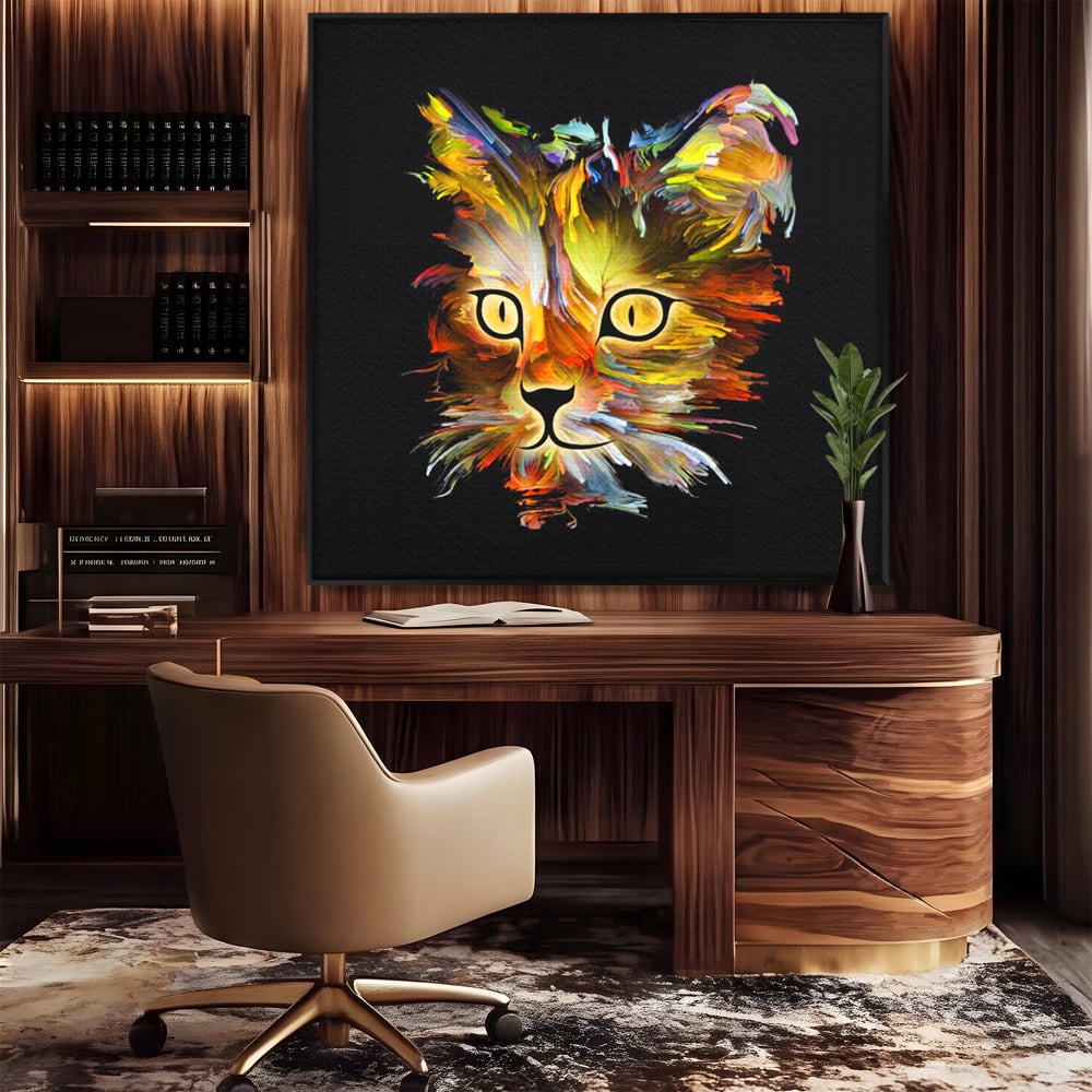 Tablou canvas cu tablou canvas cu pisica abstracta, in rama de aluminiu negru, pe perete intr-un birou