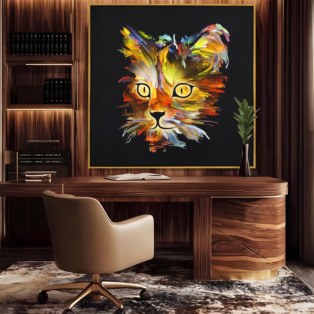 Tablou canvas cu tablou canvas cu pisica abstracta, in rama de aluminiu auriu, pe perete intr-un birou