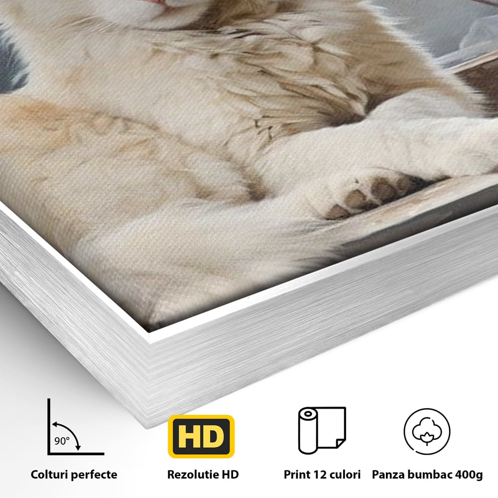 Detaliu al suprafetei: tablou canvas cu pisica alba pe fereastra, in rama de aluminiu argintiu