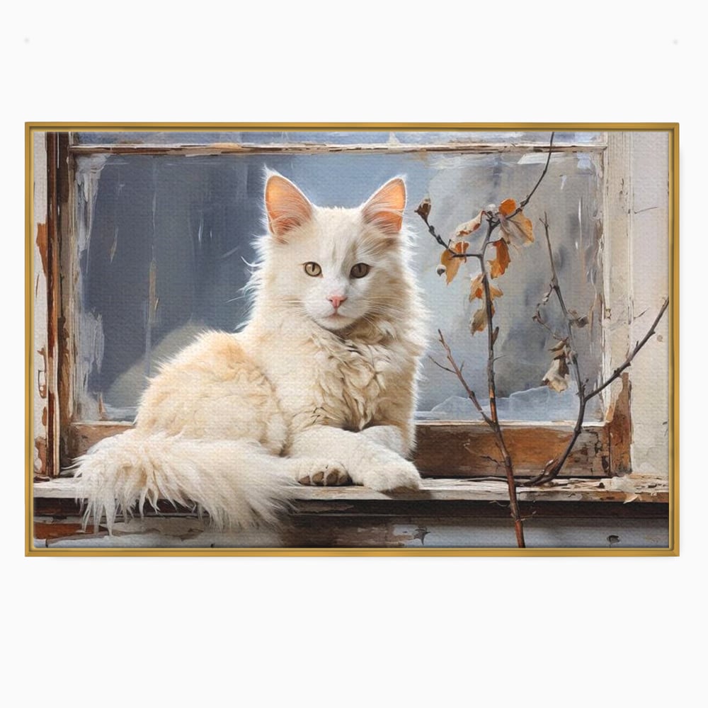 Tablou canvas cu tablou canvas cu pisica alba pe fereastra, in rama de aluminiu auriu