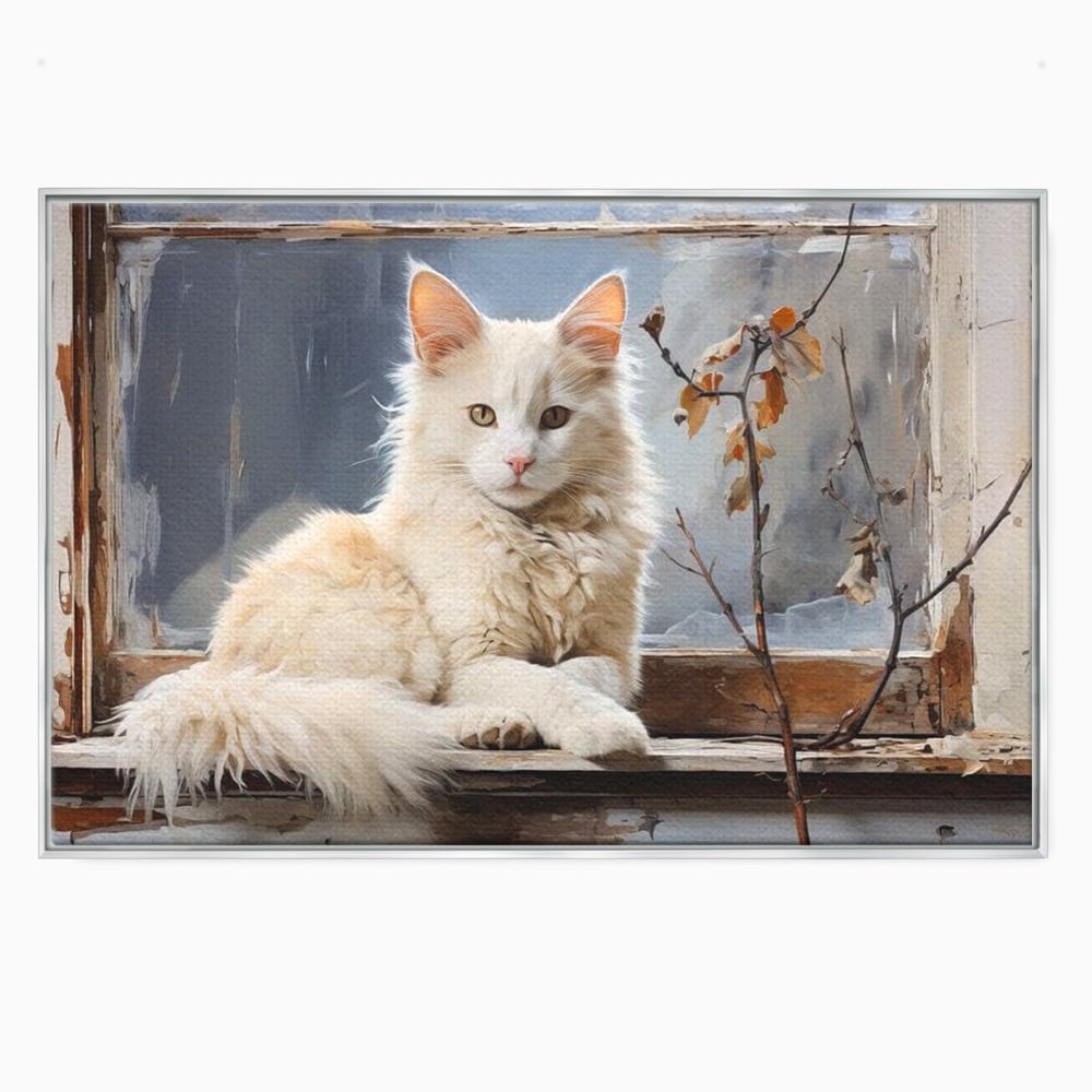 Tablou canvas cu tablou canvas cu pisica alba pe fereastra, in rama de aluminiu argintiu
