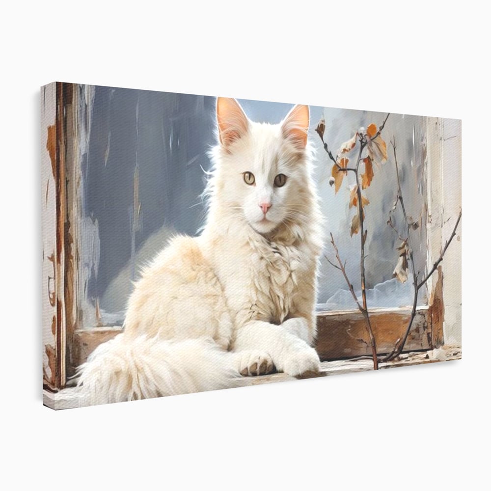 Tablou canvas cu tablou canvas cu pisica alba pe fereastra, fara rama, pe sasiu de lemn