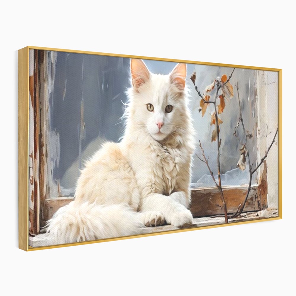 Tablou canvas cu tablou canvas cu pisica alba pe fereastra, in rama de aluminiu auriu