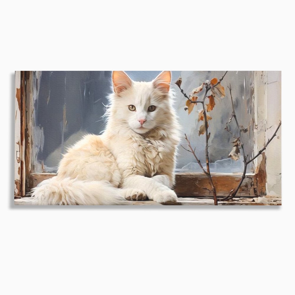 Tablou canvas cu tablou canvas cu pisica alba pe fereastra, fara rama, pe sasiu de lemn