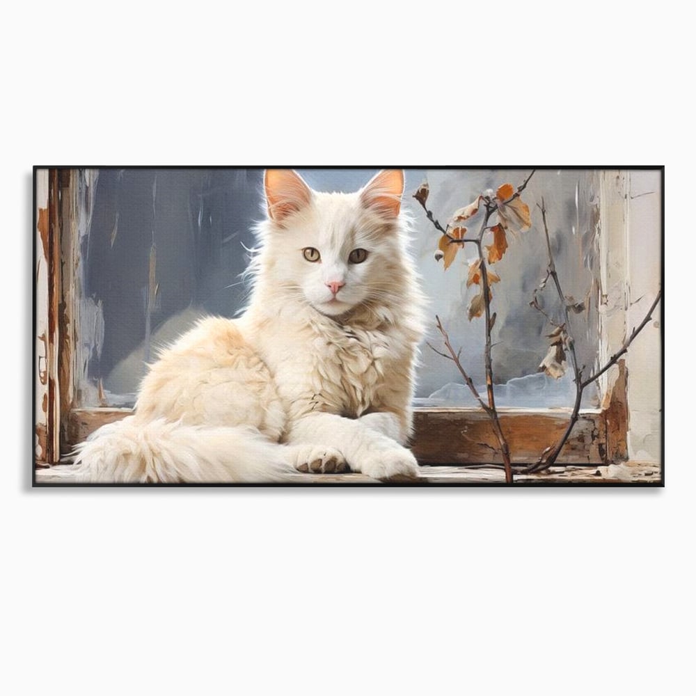 Tablou canvas cu tablou canvas cu pisica alba pe fereastra, in rama de aluminiu negru