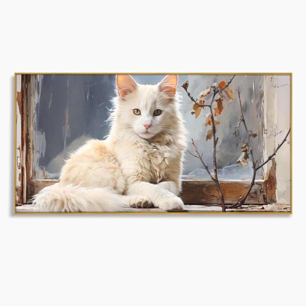 Tablou canvas cu tablou canvas cu pisica alba pe fereastra, in rama de aluminiu auriu