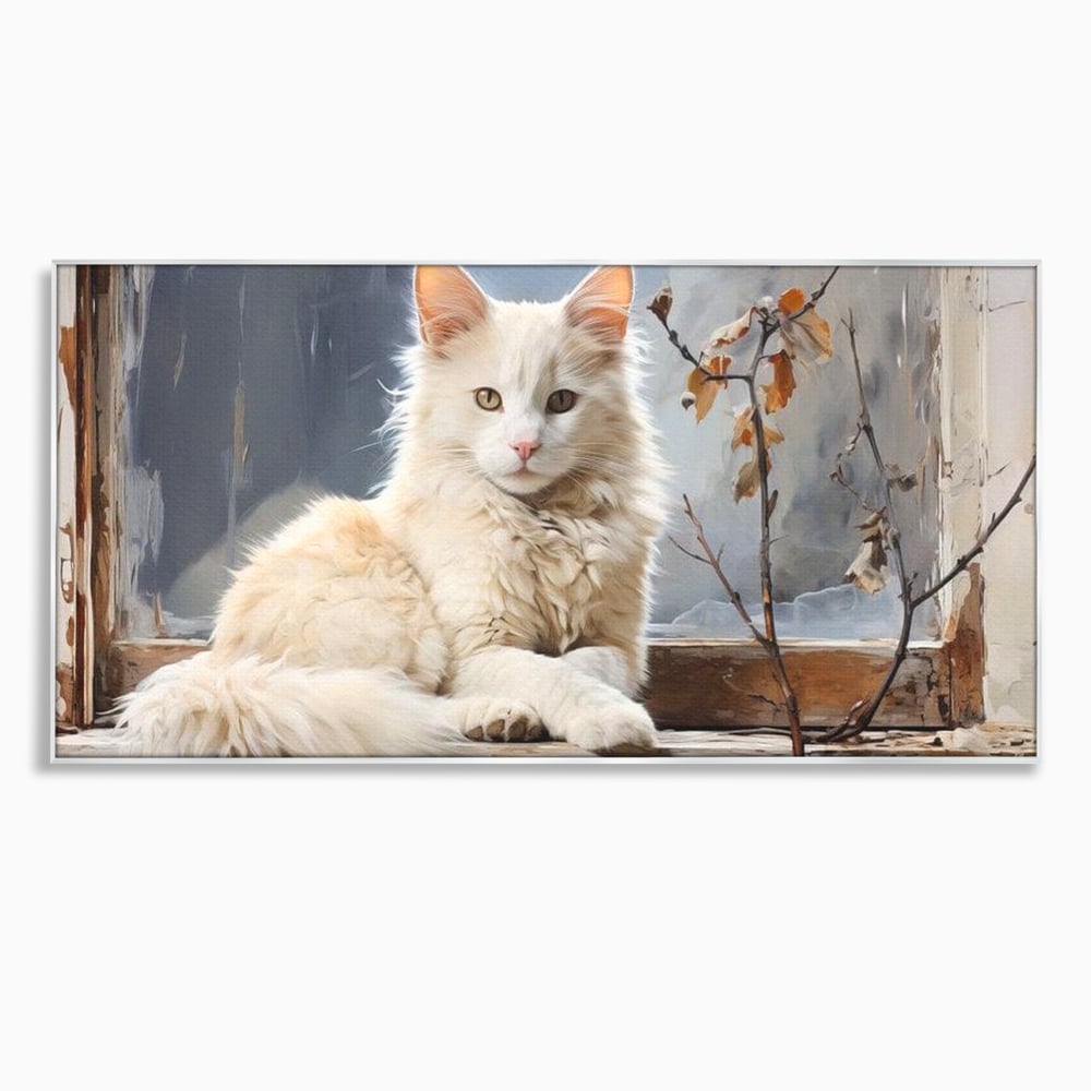 Tablou canvas cu tablou canvas cu pisica alba pe fereastra, in rama de aluminiu argintiu