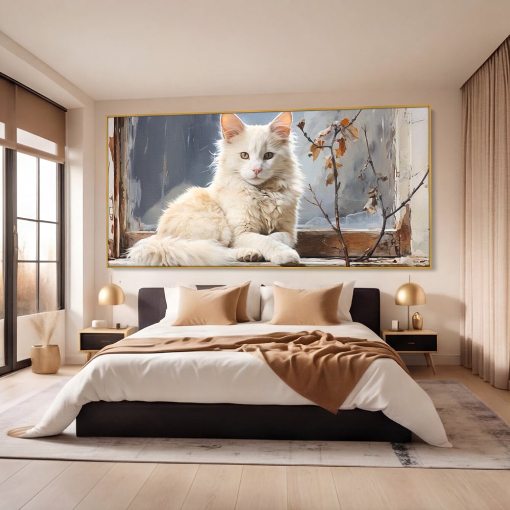 Tablou canvas cu tablou canvas cu pisica alba pe fereastra, in rama de aluminiu auriu, pe perete intr-un dormitor