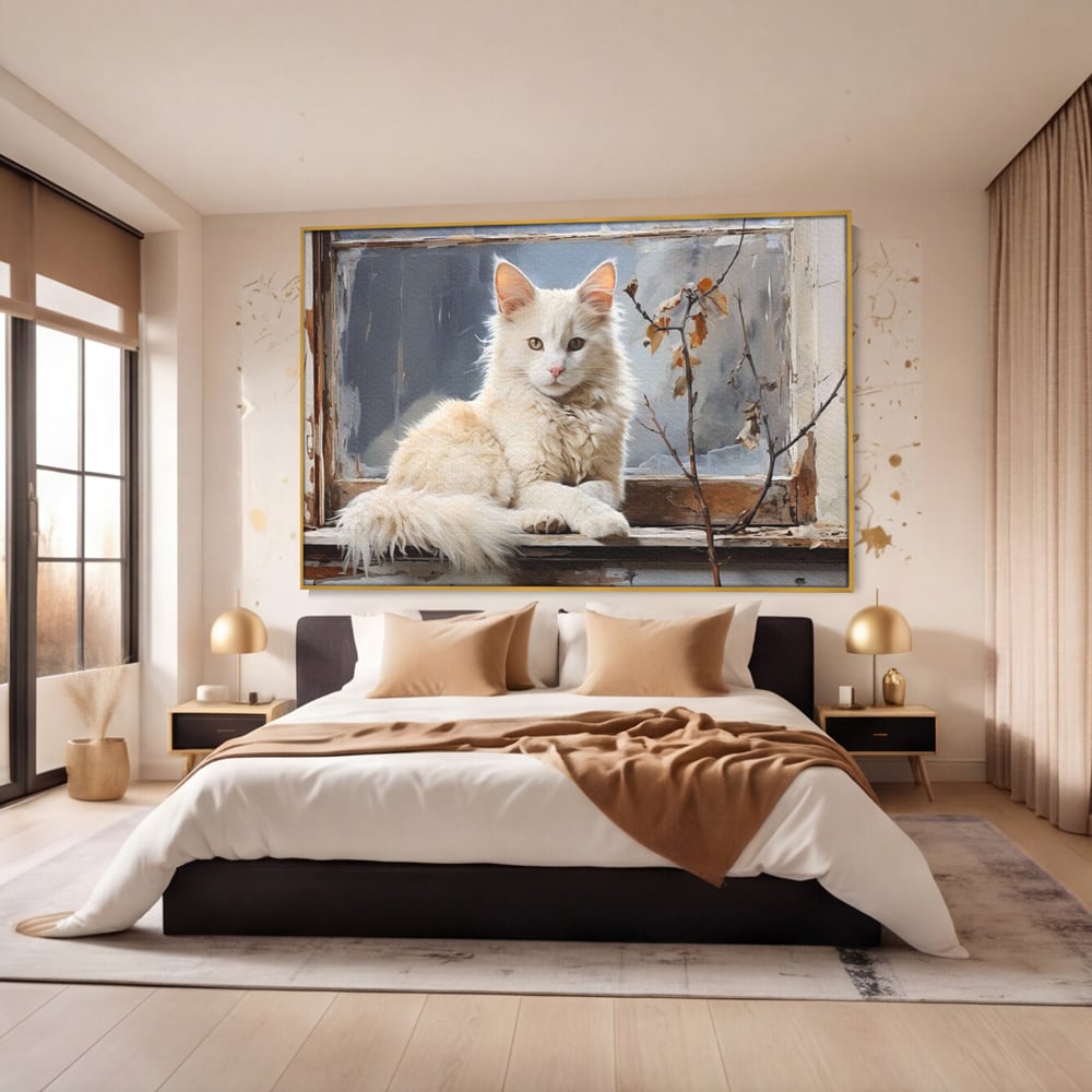 Tablou canvas cu tablou canvas cu pisica alba pe fereastra, in rama de aluminiu auriu, pe perete intr-un dormitor