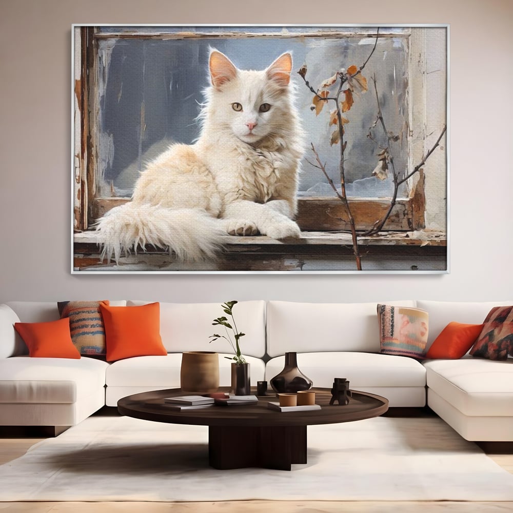 Tablou canvas cu tablou canvas cu pisica alba pe fereastra, in rama de aluminiu argintiu, pe perete intr-un living