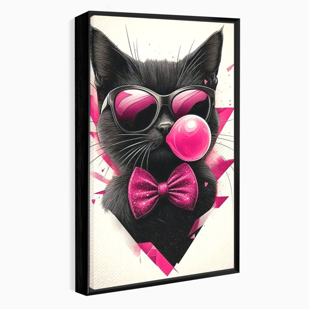 Tablou canvas cu ilustratie digitala cu pisica neagra, in rama de aluminiu negru