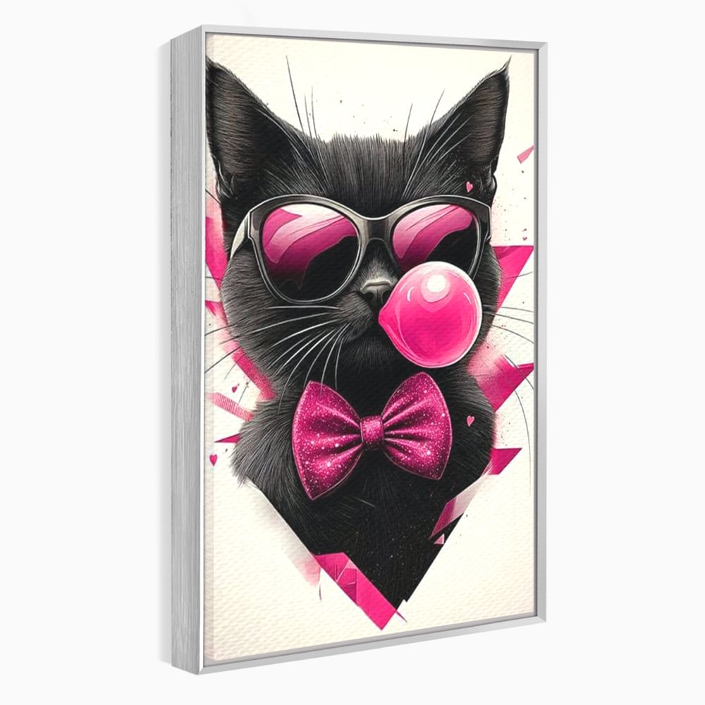 Tablou canvas cu ilustratie digitala cu pisica neagra, in rama de aluminiu argintiu