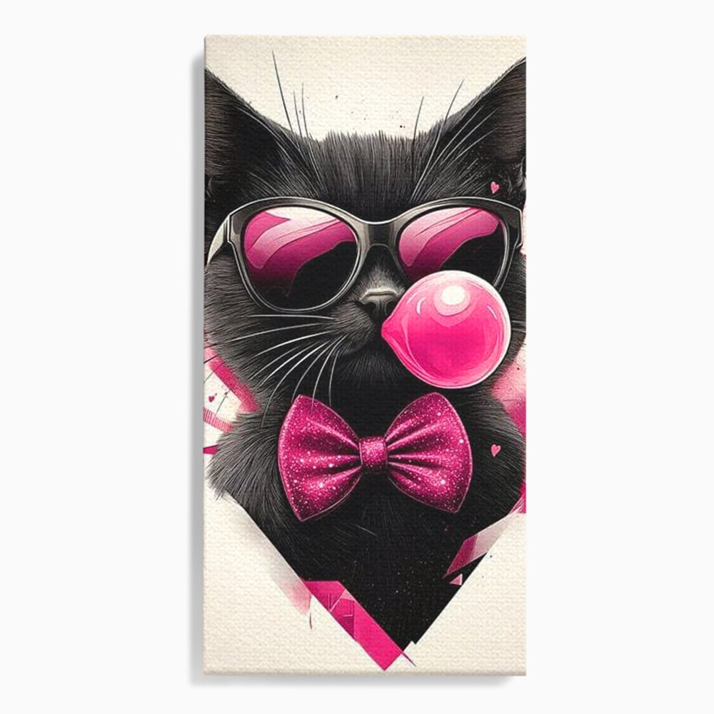 Tablou canvas cu ilustratie digitala cu pisica neagra, fara rama, pe sasiu de lemn