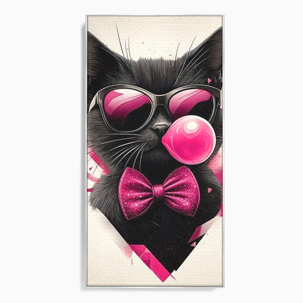Tablou canvas cu ilustratie digitala cu pisica neagra, in rama de aluminiu argintiu