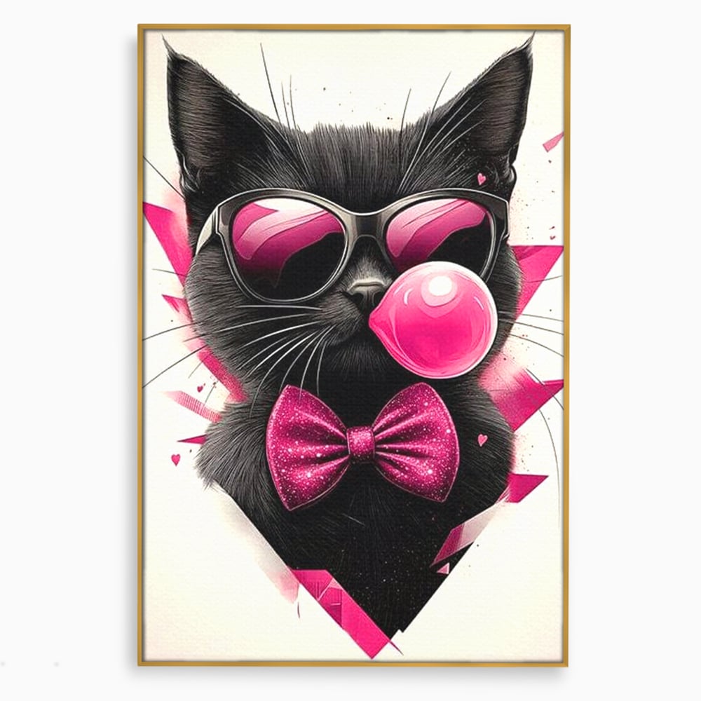 Tablou canvas cu ilustratie digitala cu pisica neagra, in rama de aluminiu auriu