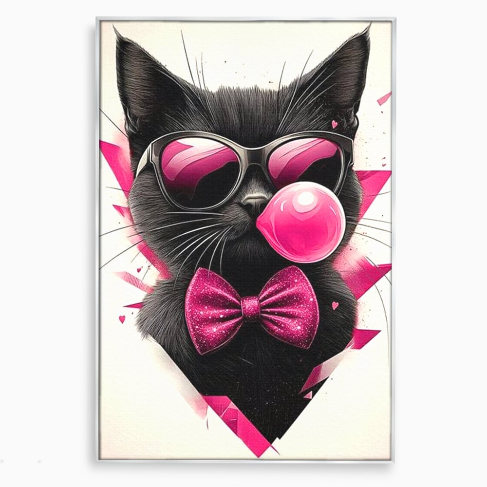 Tablou canvas cu ilustratie digitala cu pisica neagra, in rama de aluminiu argintiu