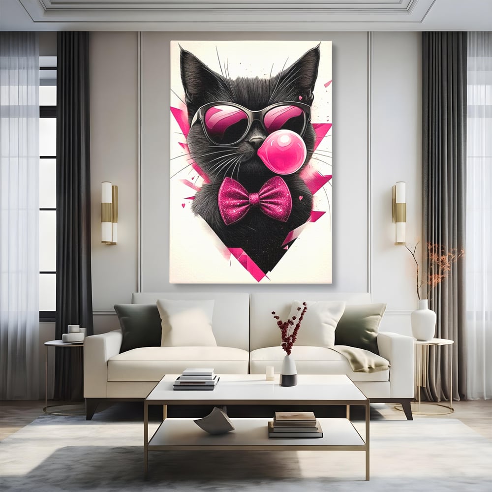 Tablou canvas cu ilustratie digitala cu pisica neagra, fara rama, pe sasiu de lemn, pe perete intr-un living