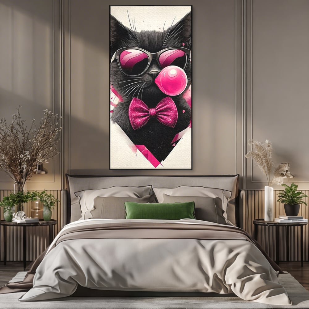 Tablou canvas cu ilustratie digitala cu pisica neagra, in rama de aluminiu negru, pe perete intr-un dormitor