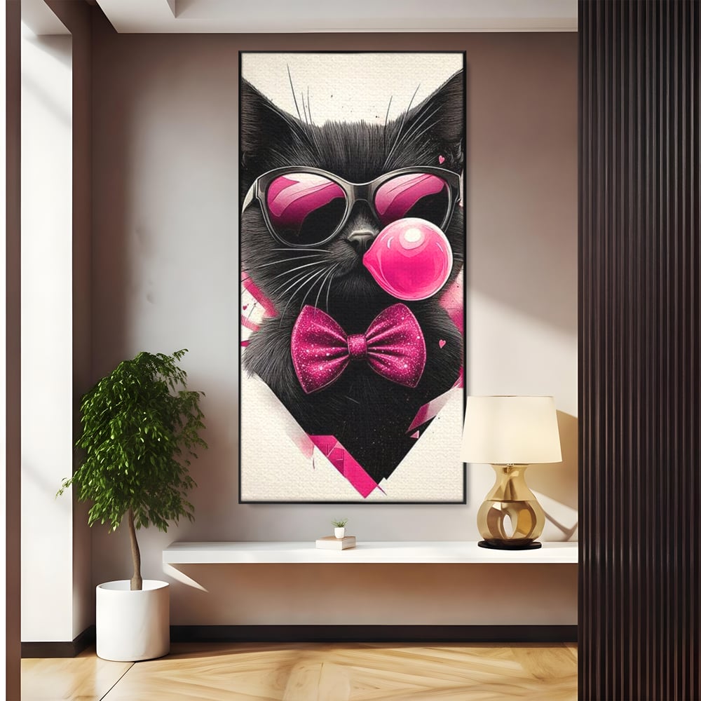 Tablou canvas cu ilustratie digitala cu pisica neagra, in rama de aluminiu negru