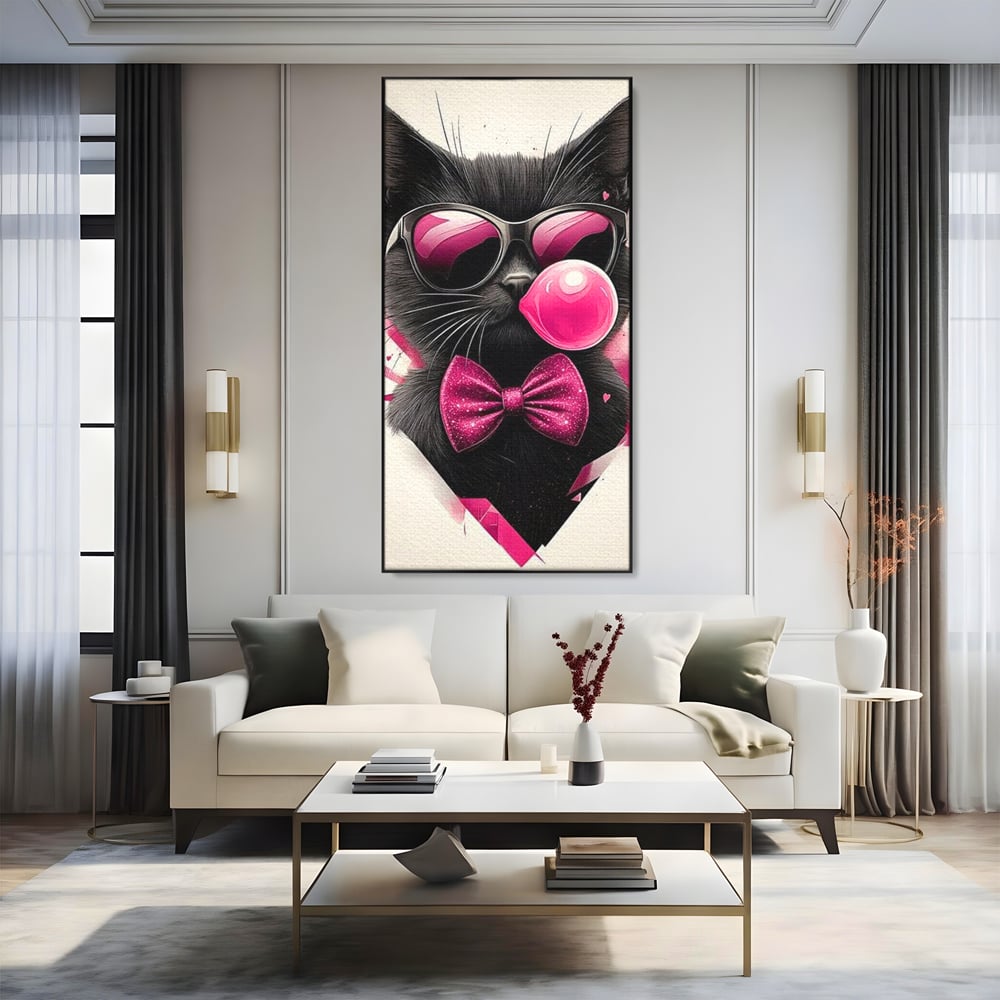 Tablou canvas cu ilustratie digitala cu pisica neagra, in rama de aluminiu negru, pe perete intr-un living