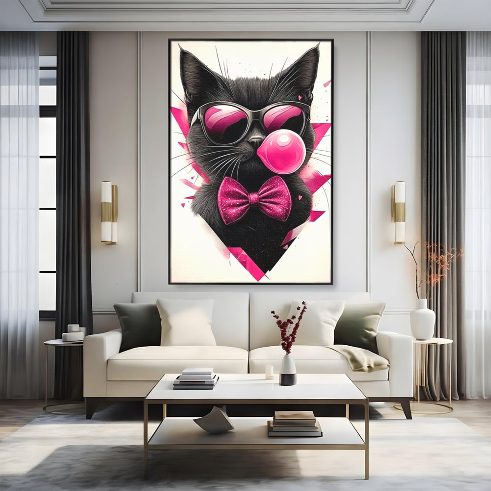 Tablou canvas cu ilustratie digitala cu pisica neagra, in rama de aluminiu negru, pe perete intr-un living