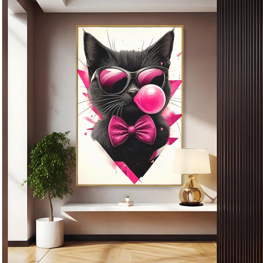Tablou canvas cu ilustratie digitala cu pisica neagra, in rama de aluminiu auriu