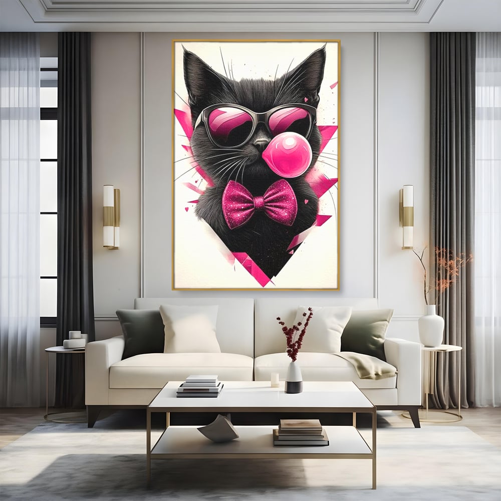Tablou canvas cu ilustratie digitala cu pisica neagra, in rama de aluminiu auriu, pe perete intr-un living