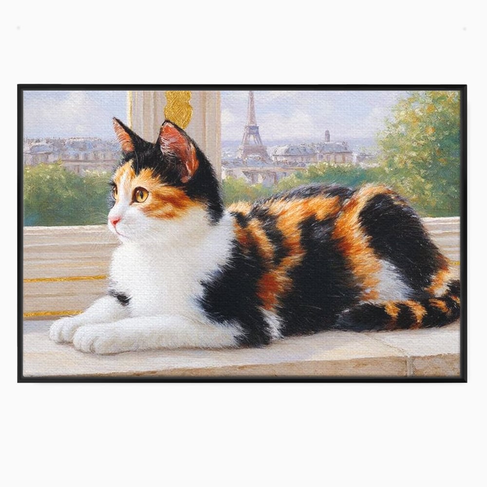 Tablou canvas cu pictura cu pisica calico si turnul eiffel, in rama de aluminiu negru