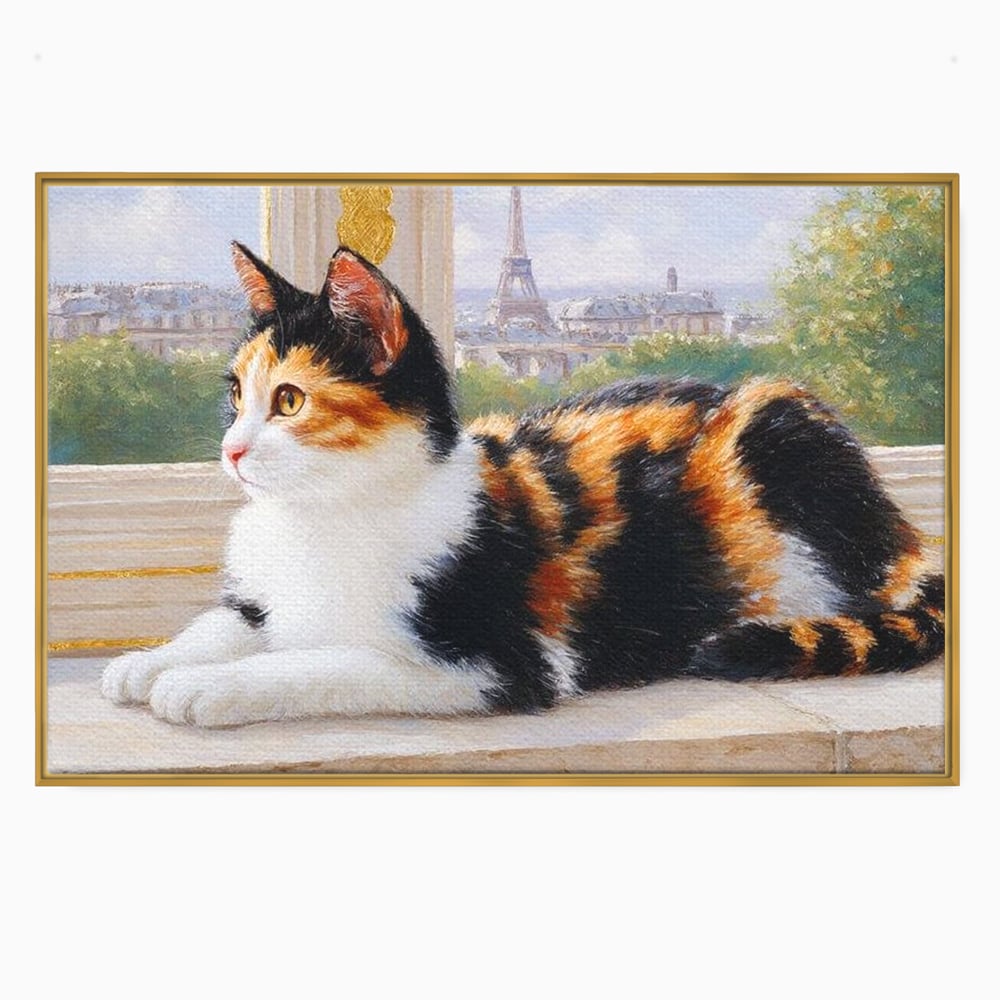Tablou canvas cu pictura cu pisica calico si turnul eiffel, in rama de aluminiu auriu