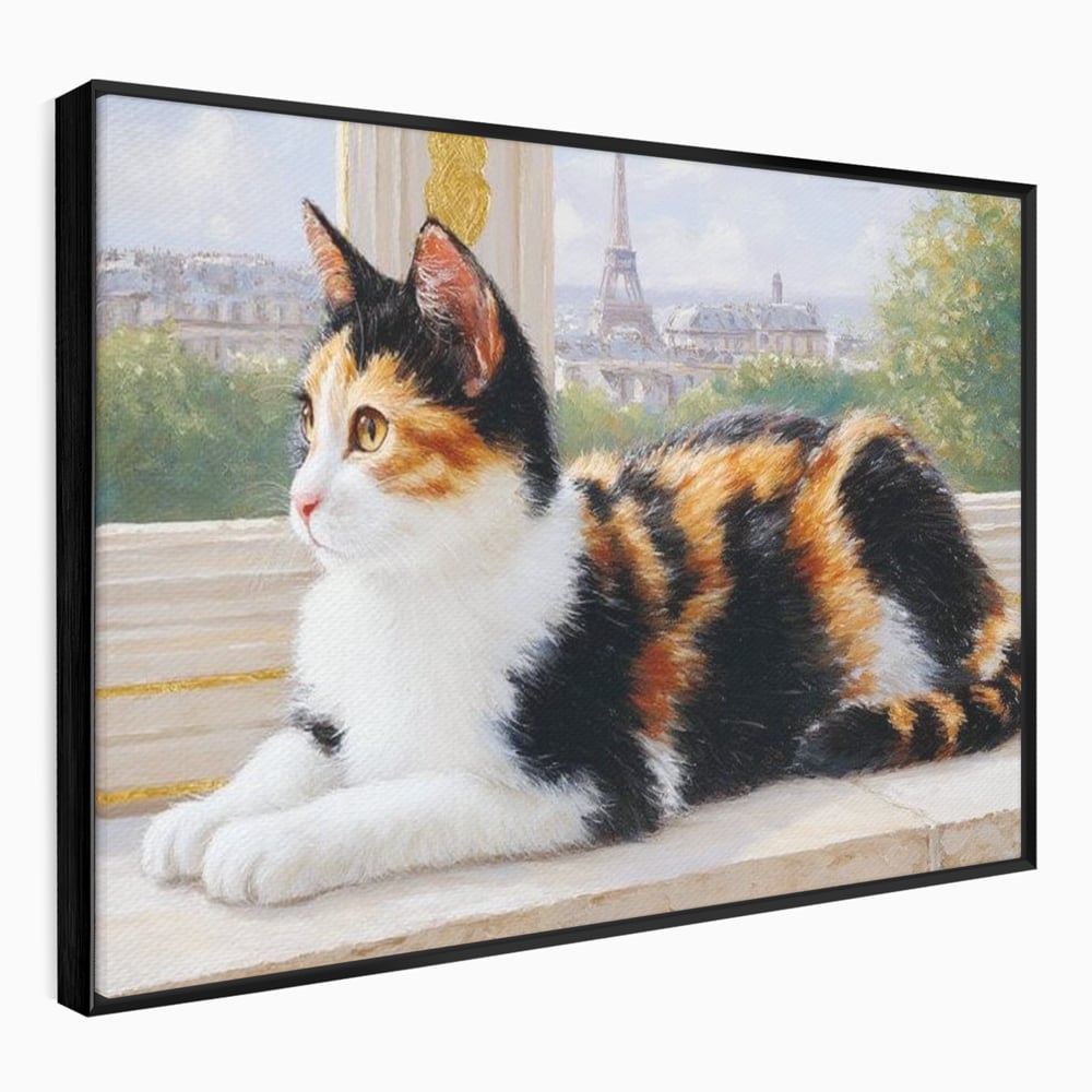 Tablou canvas cu pictura cu pisica calico si turnul eiffel, in rama de aluminiu negru