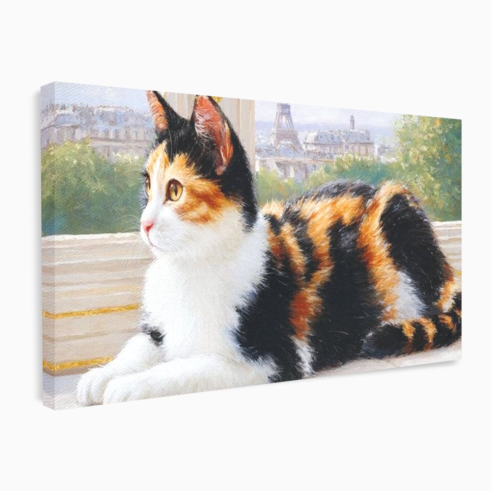 Tablou canvas cu pictura cu pisica calico si turnul eiffel, fara rama, pe sasiu de lemn