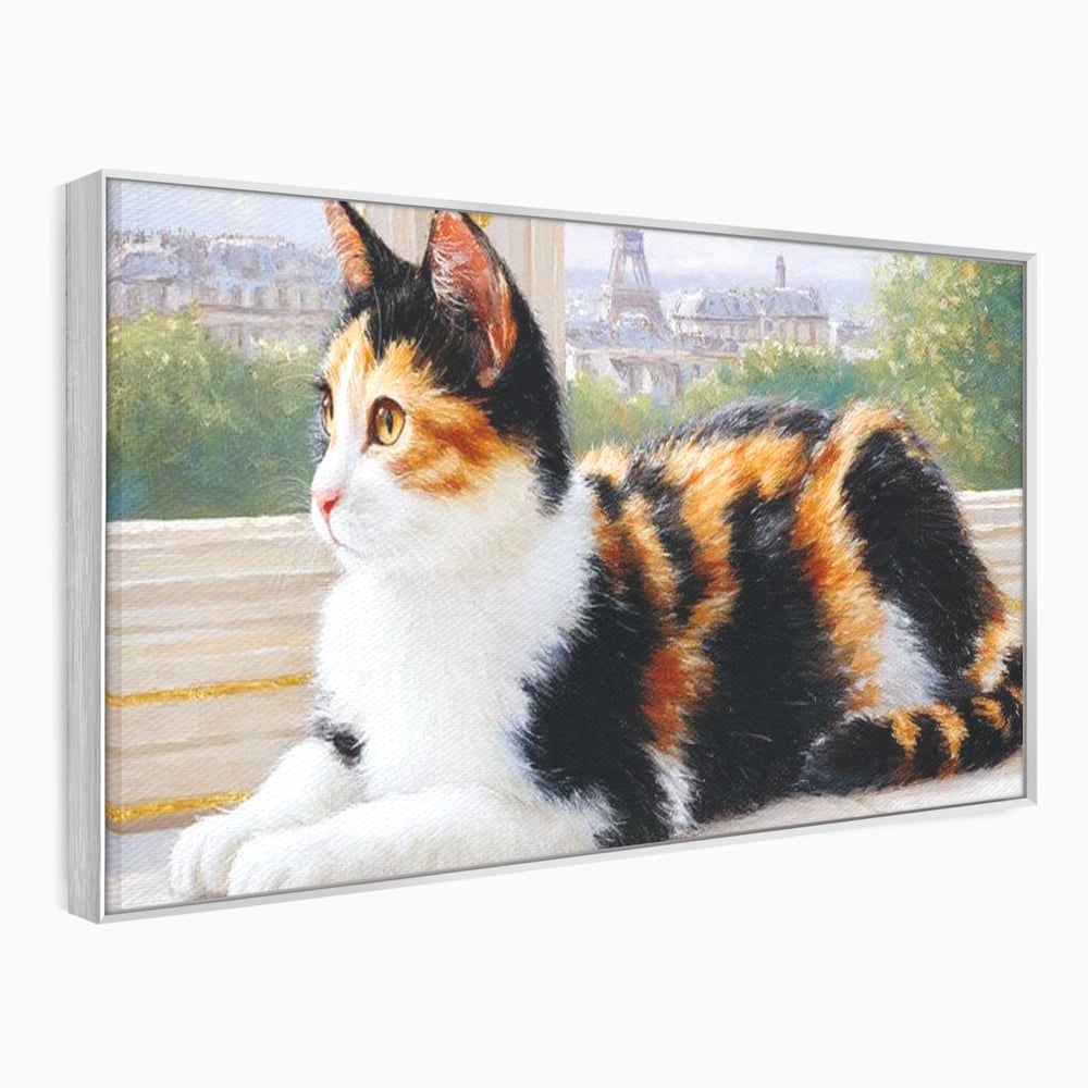 Tablou canvas cu pictura cu pisica calico si turnul eiffel, in rama de aluminiu argintiu