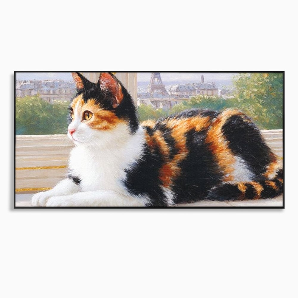 Tablou canvas cu pictura cu pisica calico si turnul eiffel, in rama de aluminiu negru