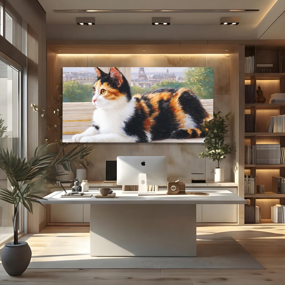 Tablou canvas cu pictura cu pisica calico si turnul eiffel, fara rama, pe sasiu de lemn, pe perete intr-un birou