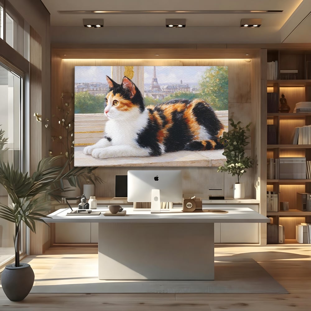 Tablou canvas cu pictura cu pisica calico si turnul eiffel, fara rama, pe sasiu de lemn, pe perete intr-un birou