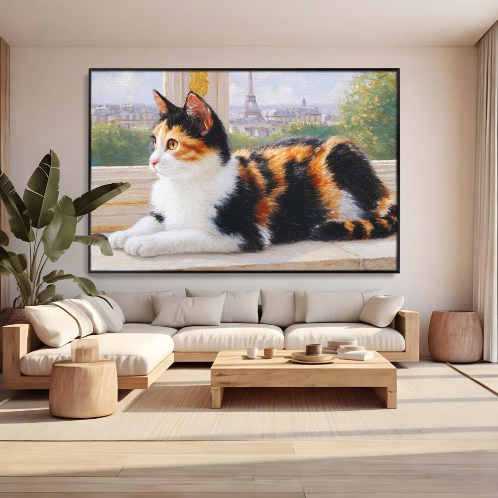 Tablou canvas cu pictura cu pisica calico si turnul eiffel, in rama de aluminiu negru, pe perete intr-un living