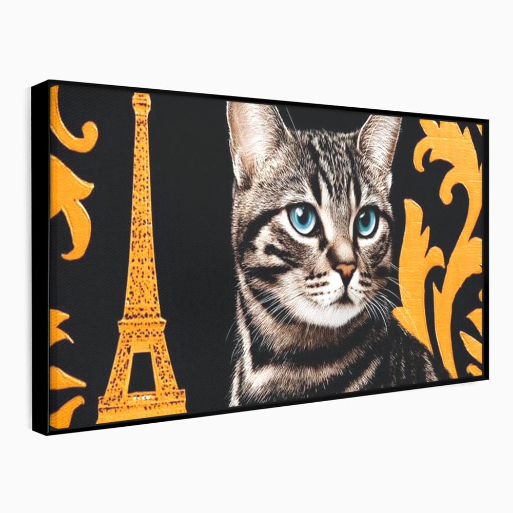 Tablou canvas cu tablou canvas cu pisica si turnul eiffel, in rama de aluminiu negru